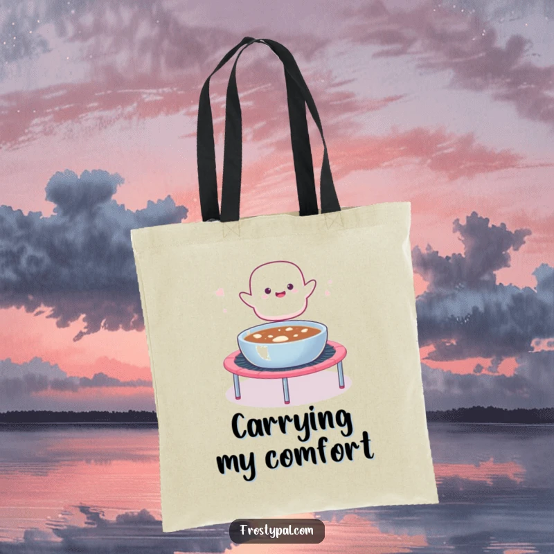 Funny tote bag illustrating a marshmallow blob launching from a trampoline into hot cocoa, symbolizing fun and sweet adventures.