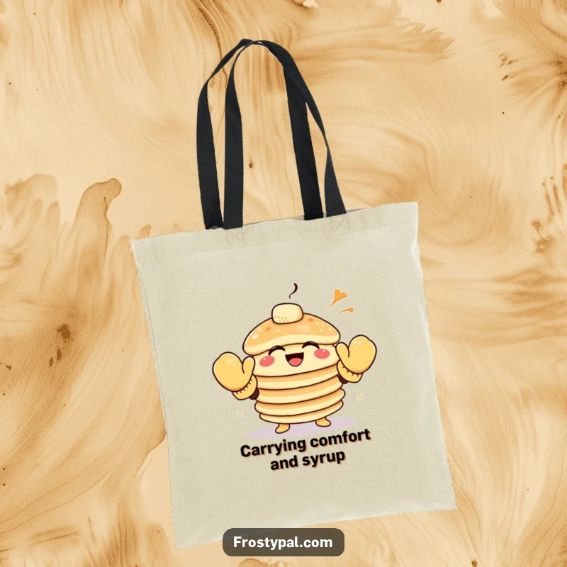 Funny pancake tote bag displays a giggling stack of pancakes wearing oversized mittens, reaching for the wind.