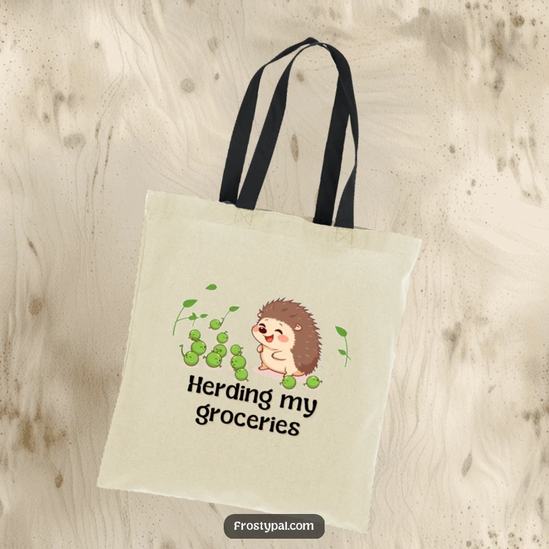 Funny tote bag with a giggling hedgehog herding peas, a cute and humorous accessory for everyday use.